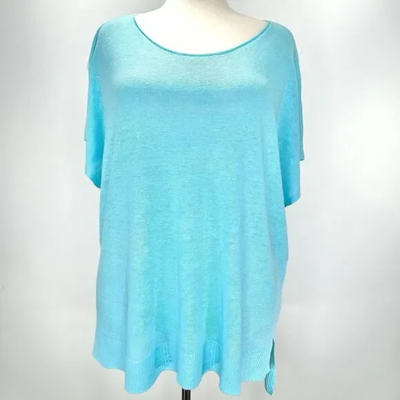 Eileen Fisher Top Women's XL Aqua Blue Knit Boho Lagenlook Linen Beach Tunic NWT - Picture 1 of 9